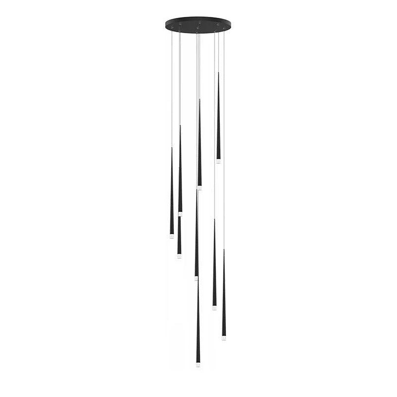Nine-light round-canopy pendant cluster with staggered black 100 cm tubes