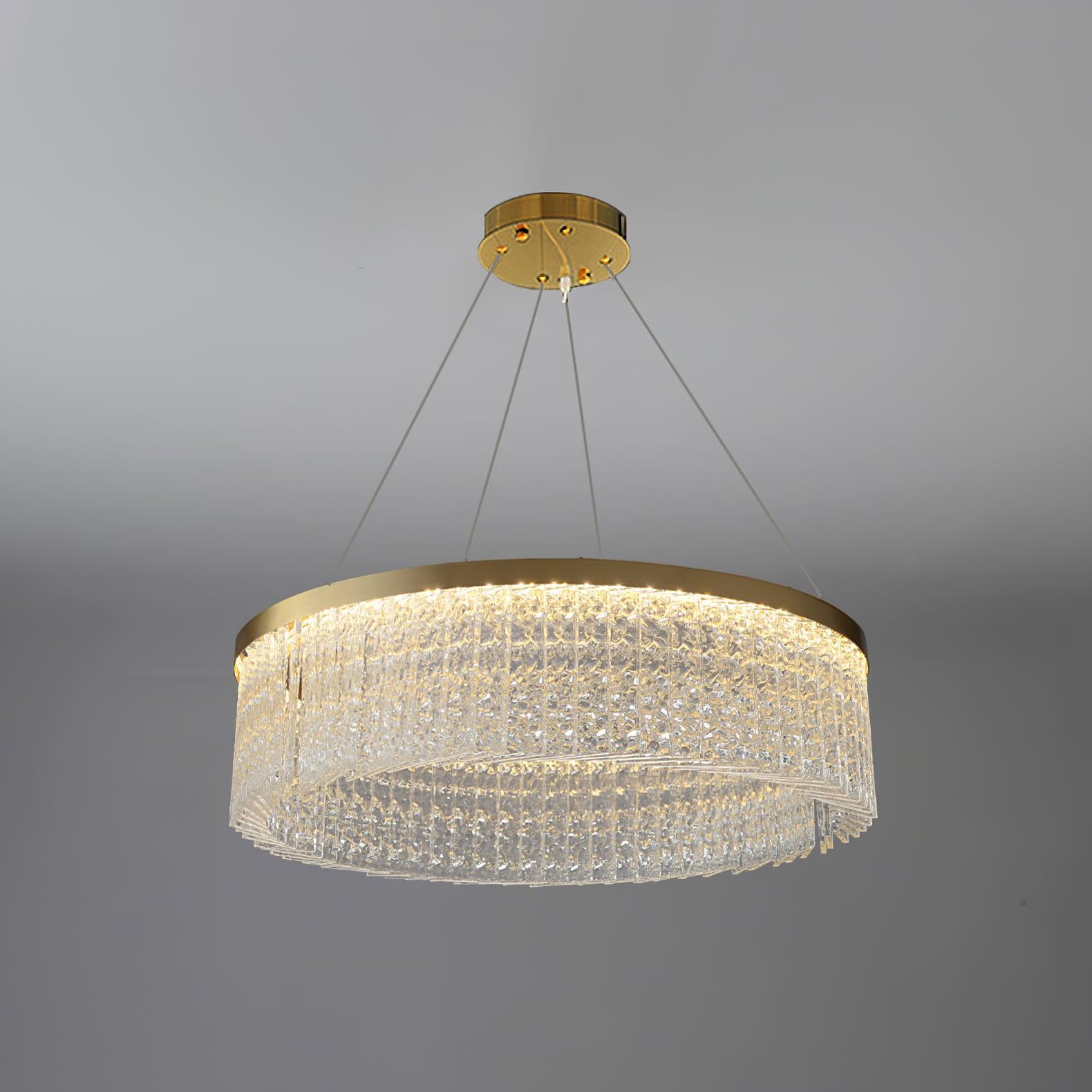 Round Halo 80 cm Copper+Clear crystal ring shown for Warm and Cool Light choices, with round canopy against grey