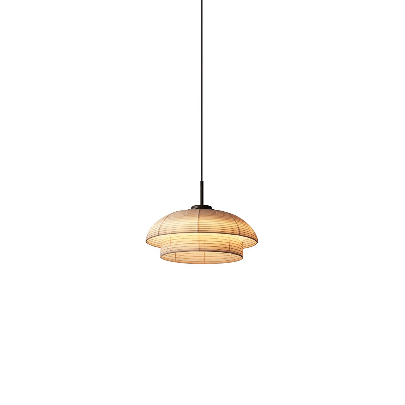 Model D shallow fabric dome with a narrower cylindrical collar below, on black suspension against white