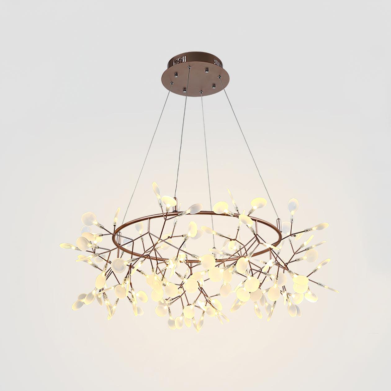 108-head Big O Firefly ring chandelier lit, with white leaf tips and a round vented ceiling canopy