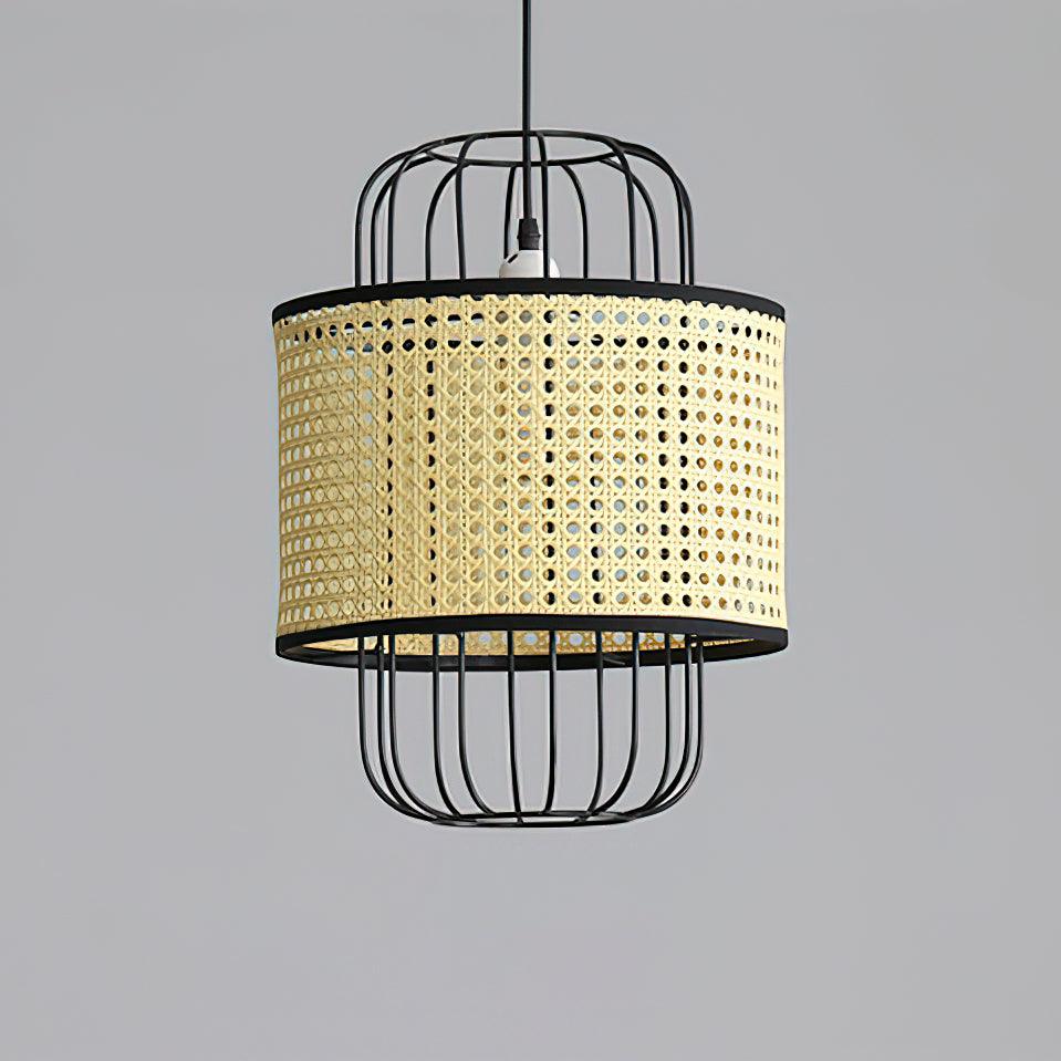 Close natural woven cylindrical band and curved black cage with a visible central bulb