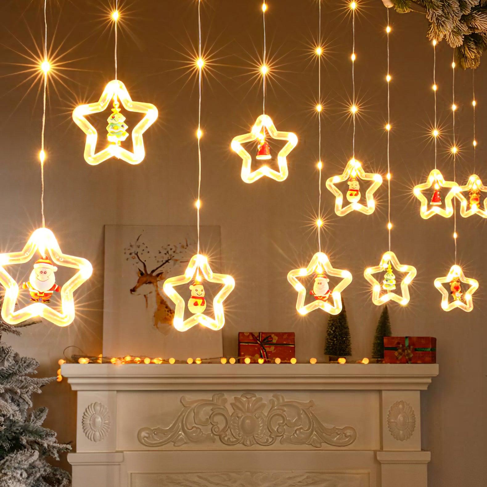 Star curtain lights photographed above a fireplace