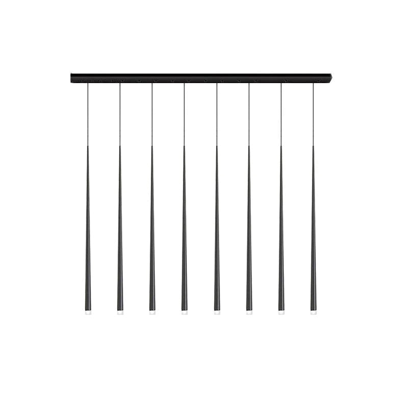 Eight-light linear pendant with black rectangular canopy and 60 cm tapered tubes