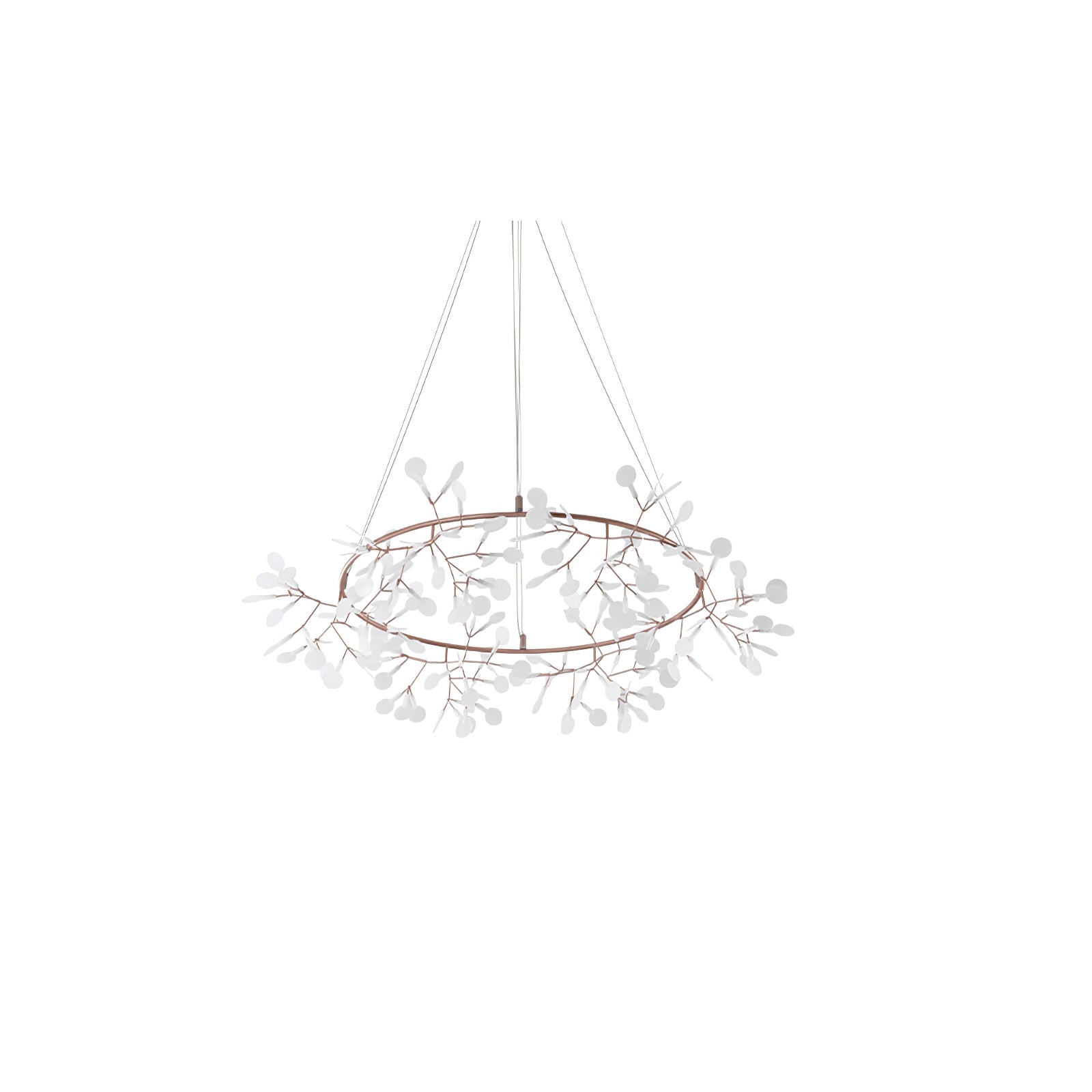 Closer oblique view of an unlit rose-copper ring chandelier with white oval leaves and cropped support lines
