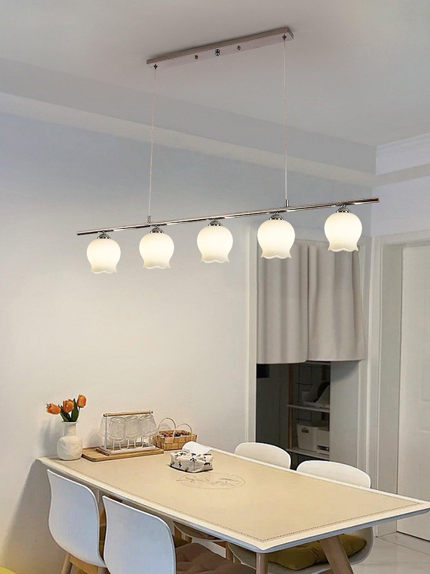 Angled dining view of the Floral Glass five-head pendant