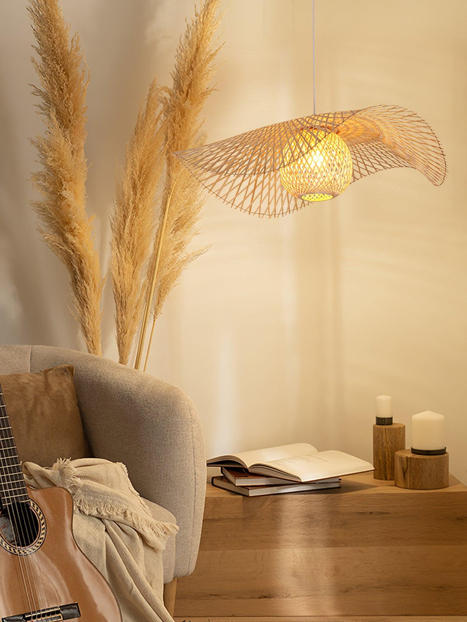 Bamboo frame and woven bulb cover beside seating