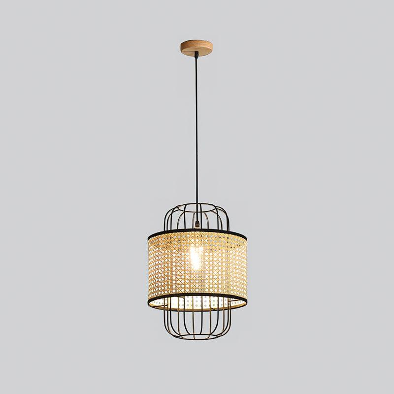 Lit Aru woven-band cage pendant below a round wood-tone canopy on grey