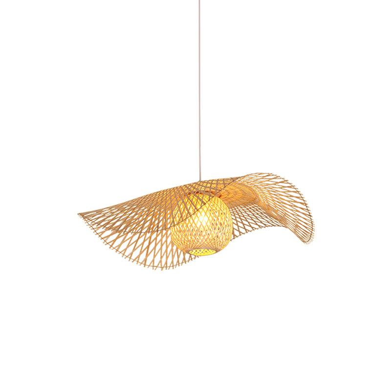 Curved bamboo lattice and woven bulb cover suspended on one cord