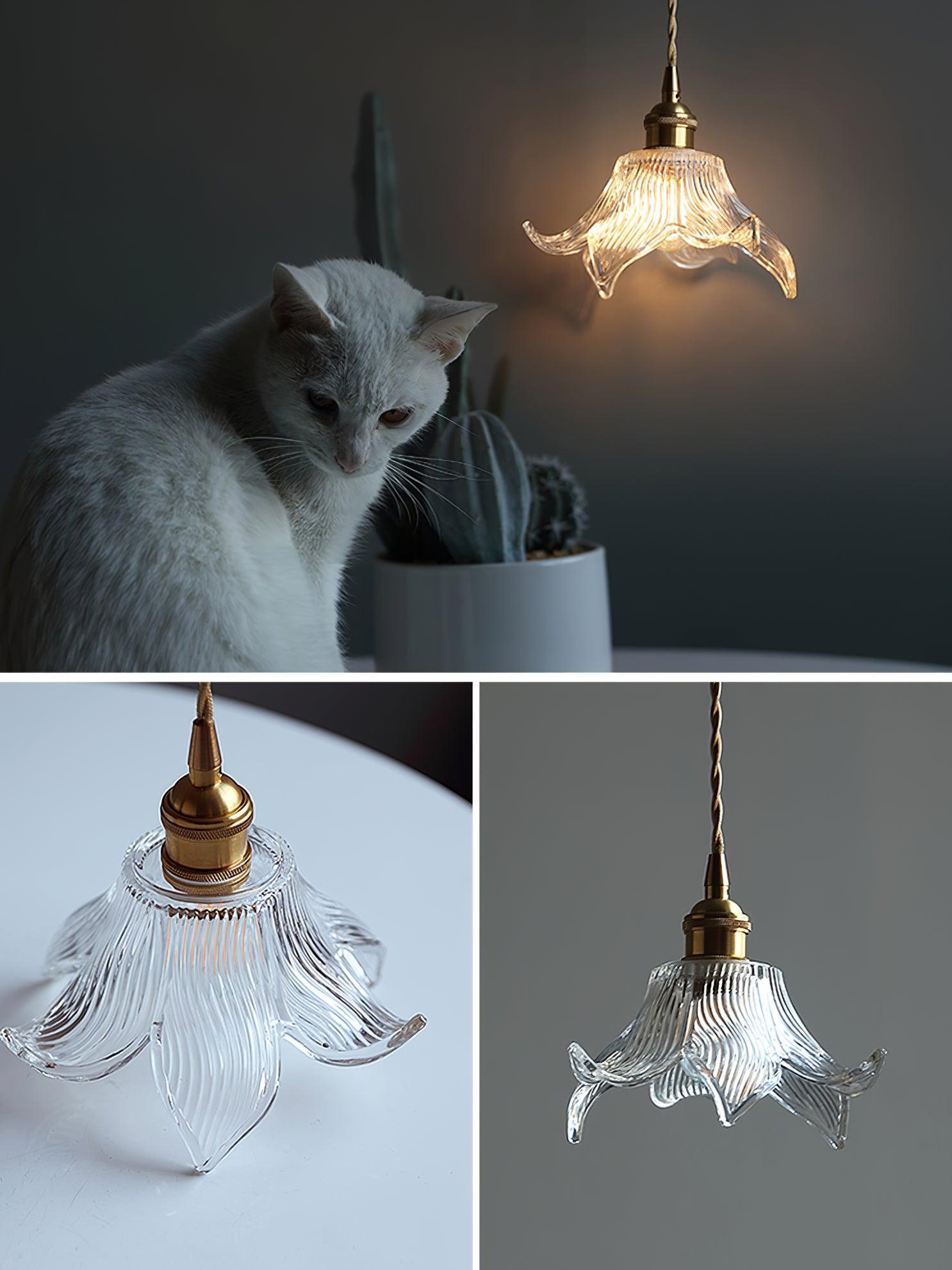 Collage of a glowing petal pendant beside a white cat and cactus, an unlit close-up on a table and a hanging front view.
