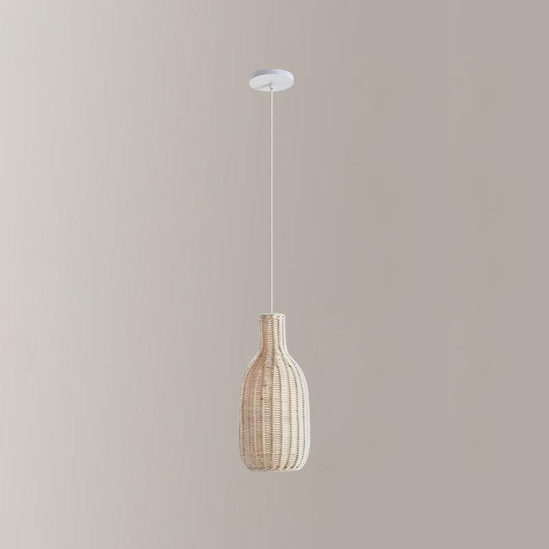 Pale narrow bottle-shaped rattan pendant with light canopy