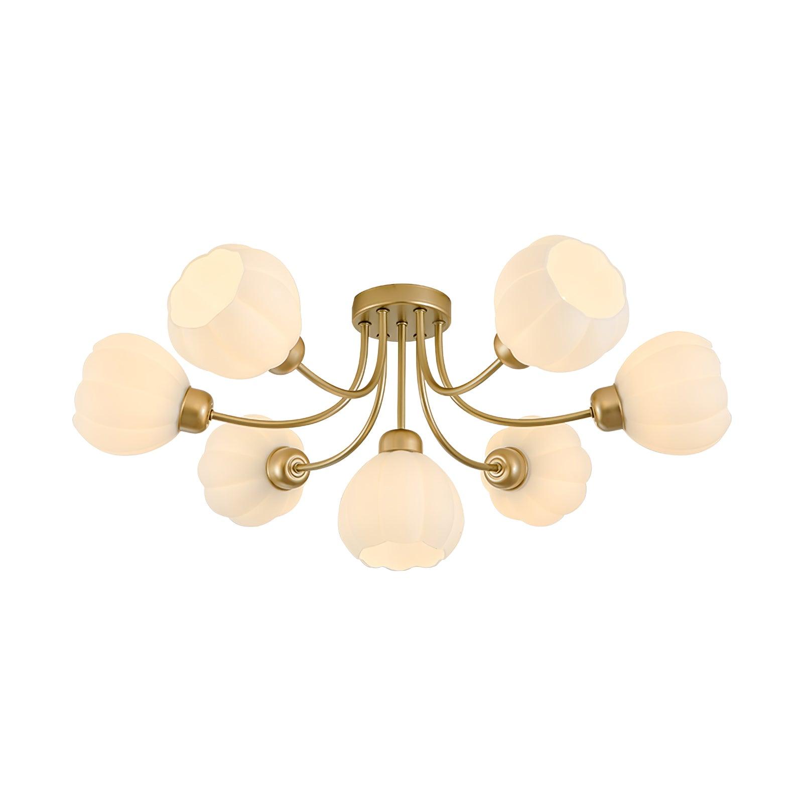Pumpkin ceiling light with brass-colour branching arms and open white glass shades against a plain background