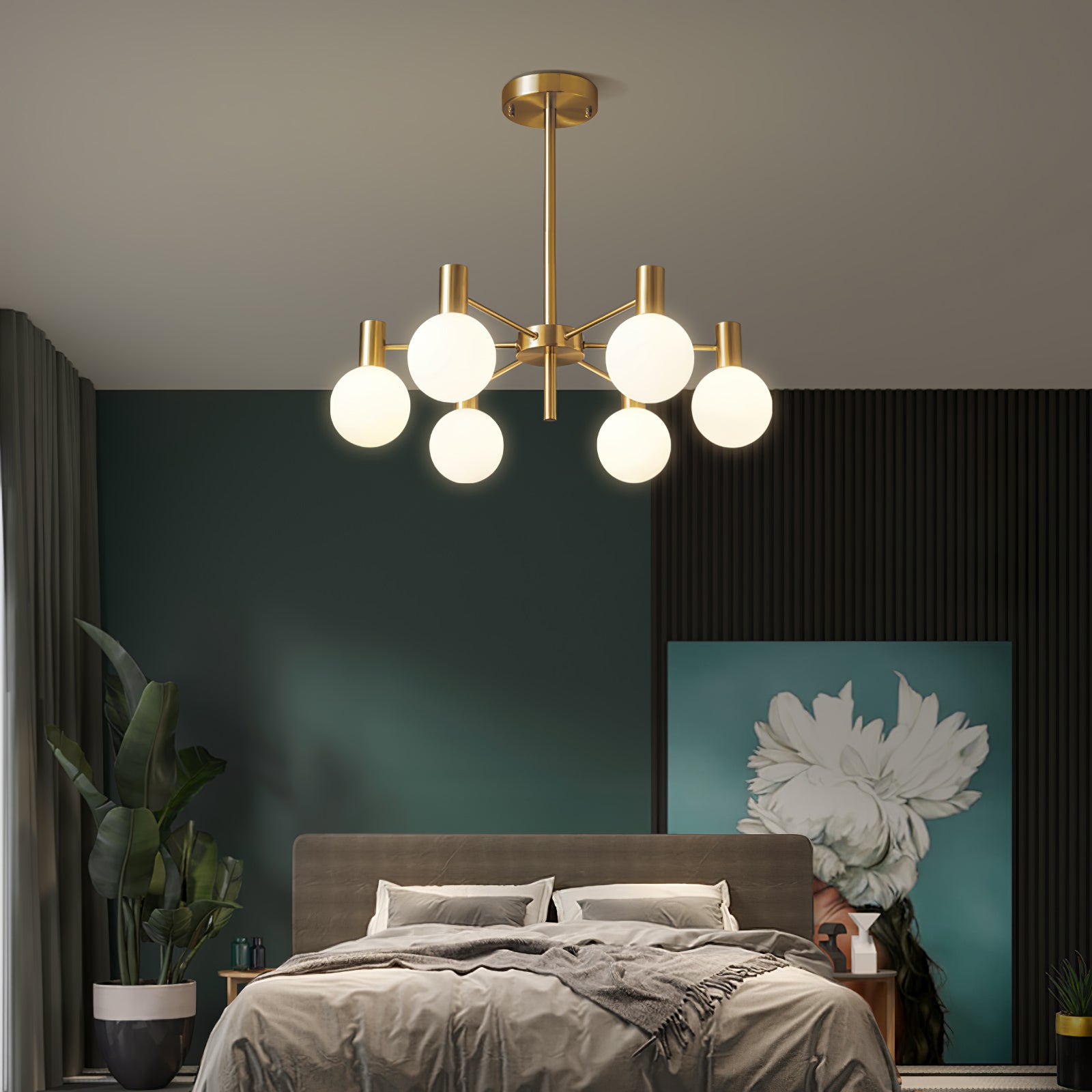 Six lit white globes above a grey bed, with teal panels, timber slats, white-flower artwork and a tall leafy plant.