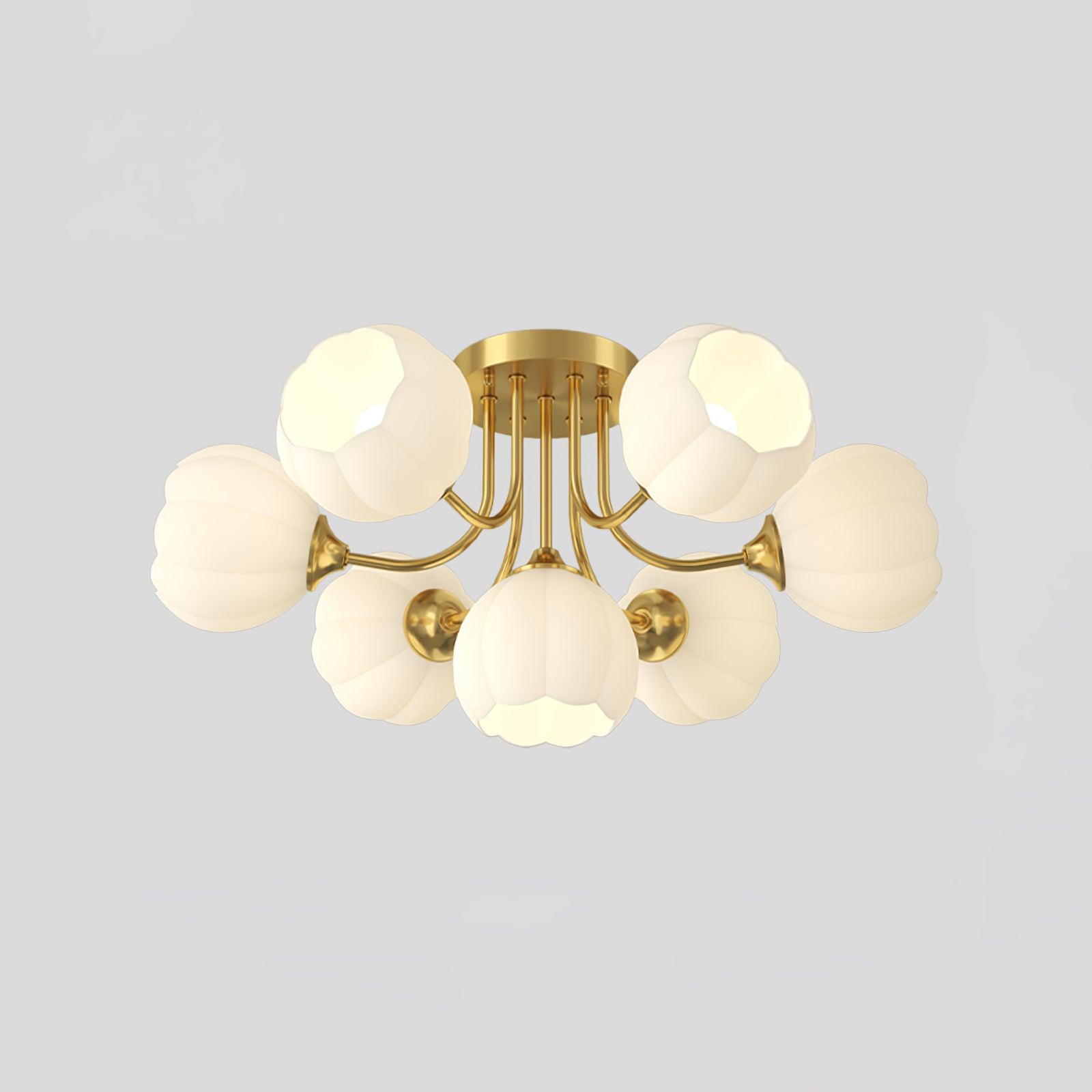 Underside product view of brass-colour Pumpkin ceiling light with illuminated white lobed shades