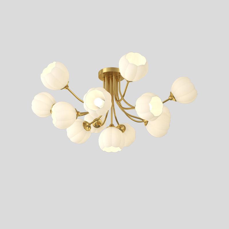 Thirteen-head Brass & White Pumpkin ceiling light with branching brass-colour arms and white lobed glass shades