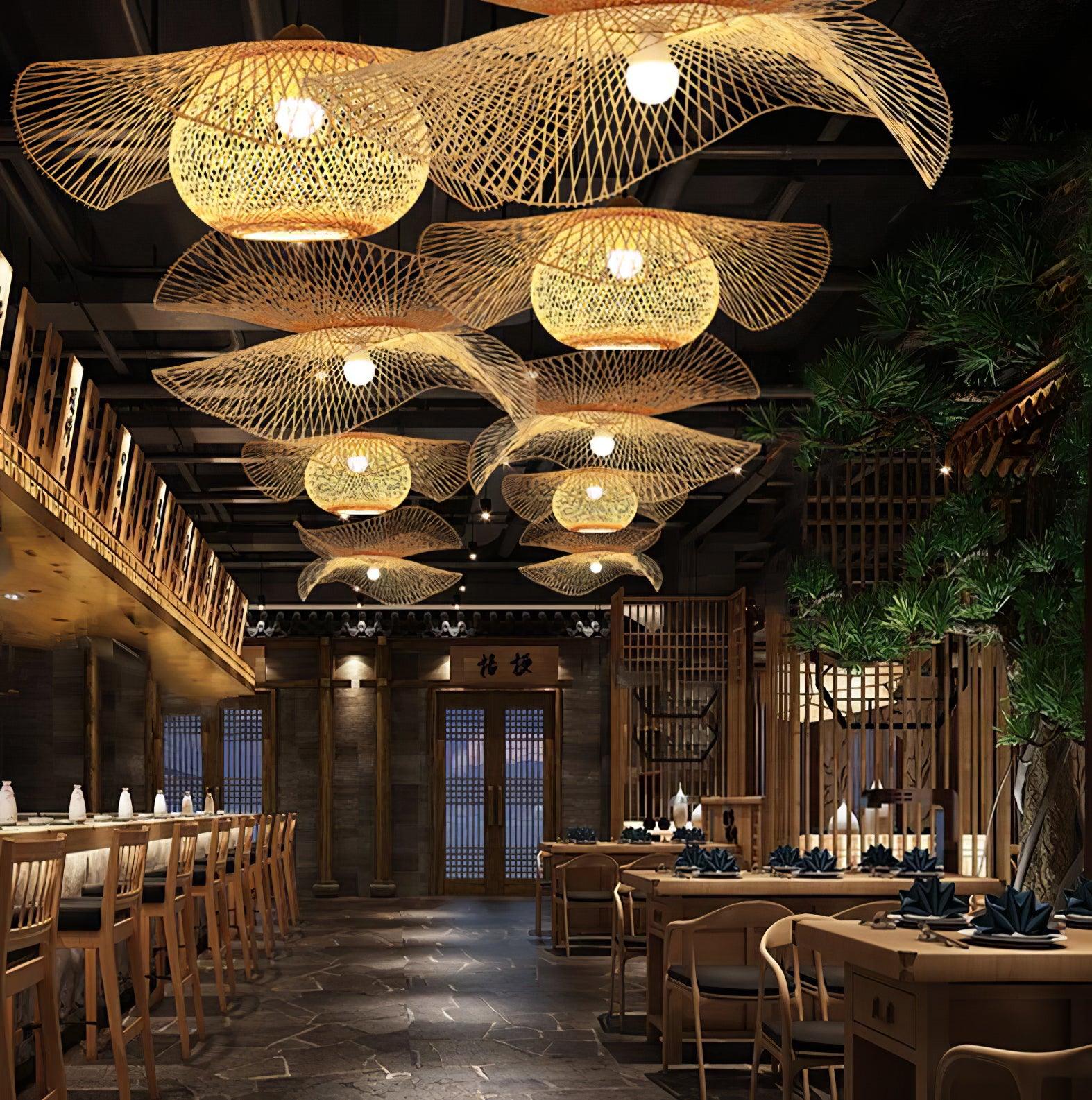 Rows of bamboo pendants in a restaurant interior