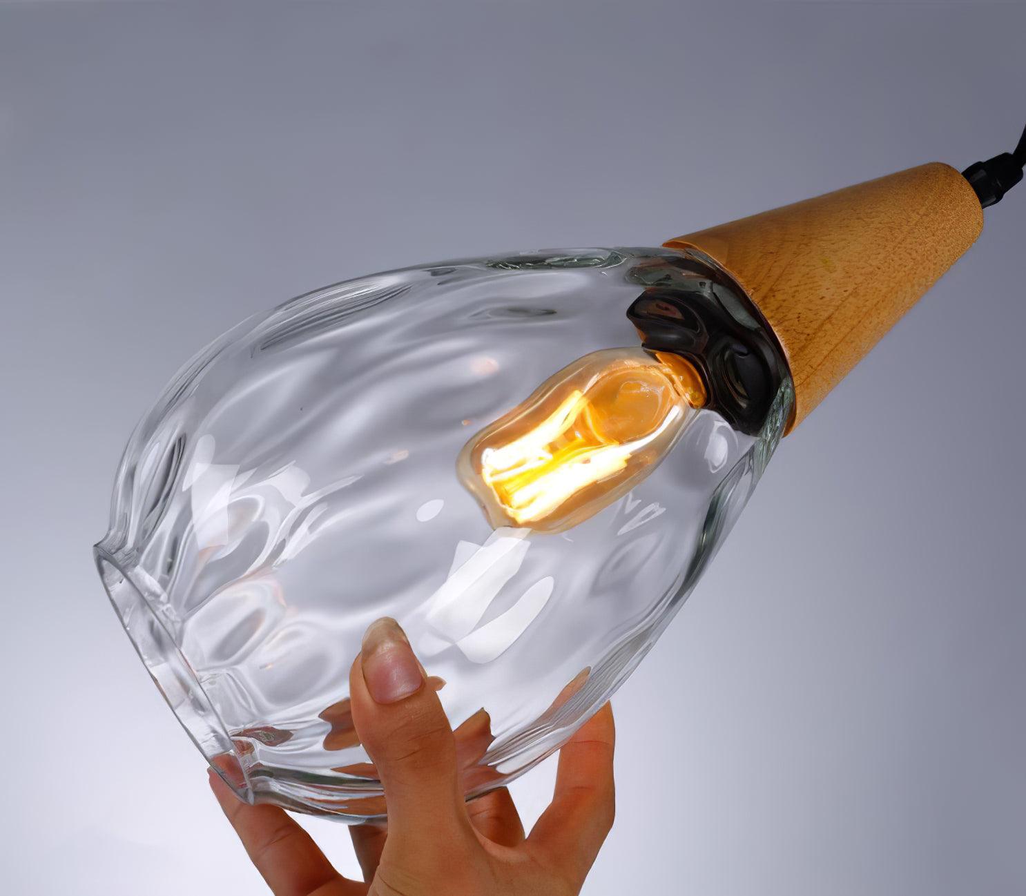 Transparent glass pendant viewed from the side
