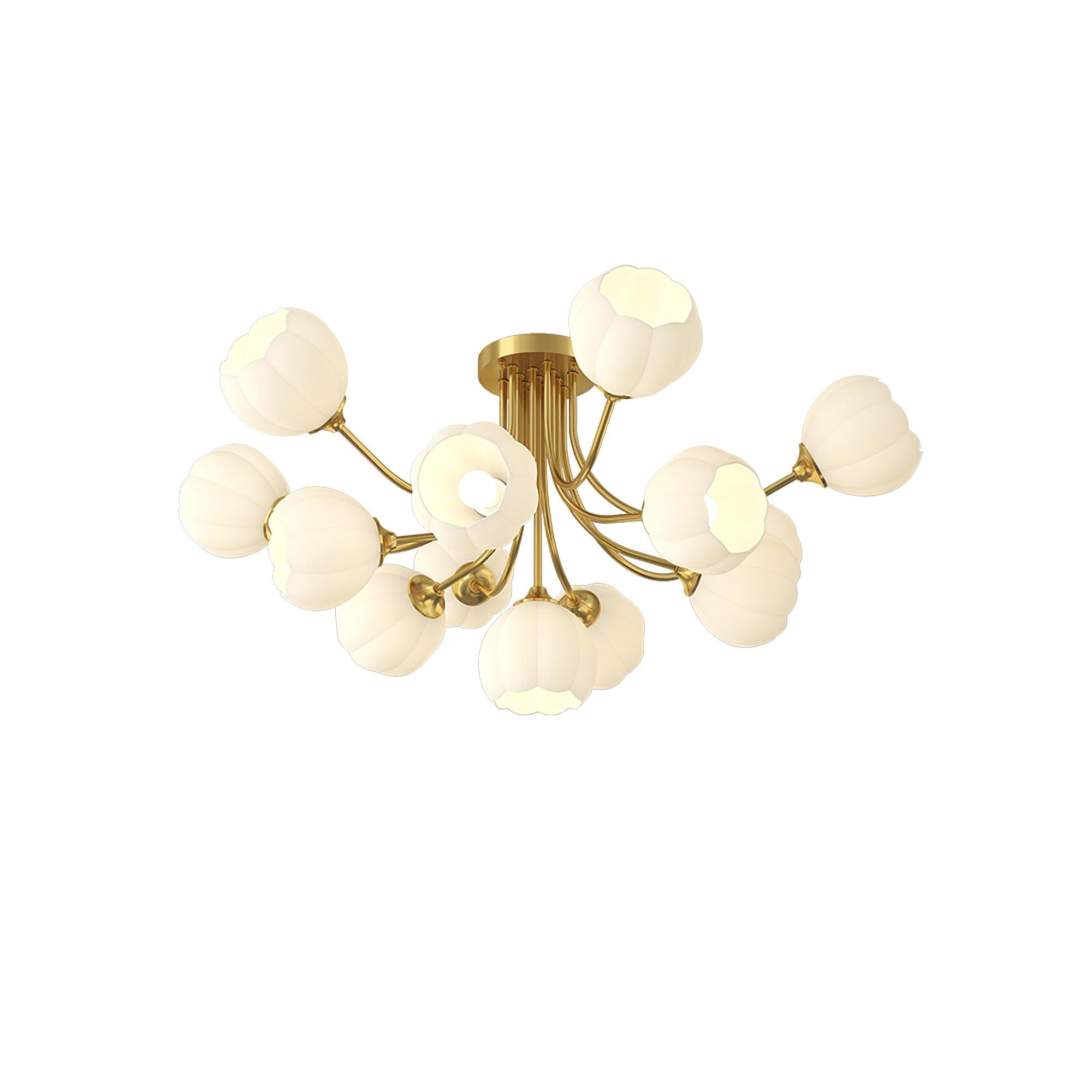 Larger brass-colour Pumpkin ceiling light with branching arms and white pumpkin-shaped glass shades