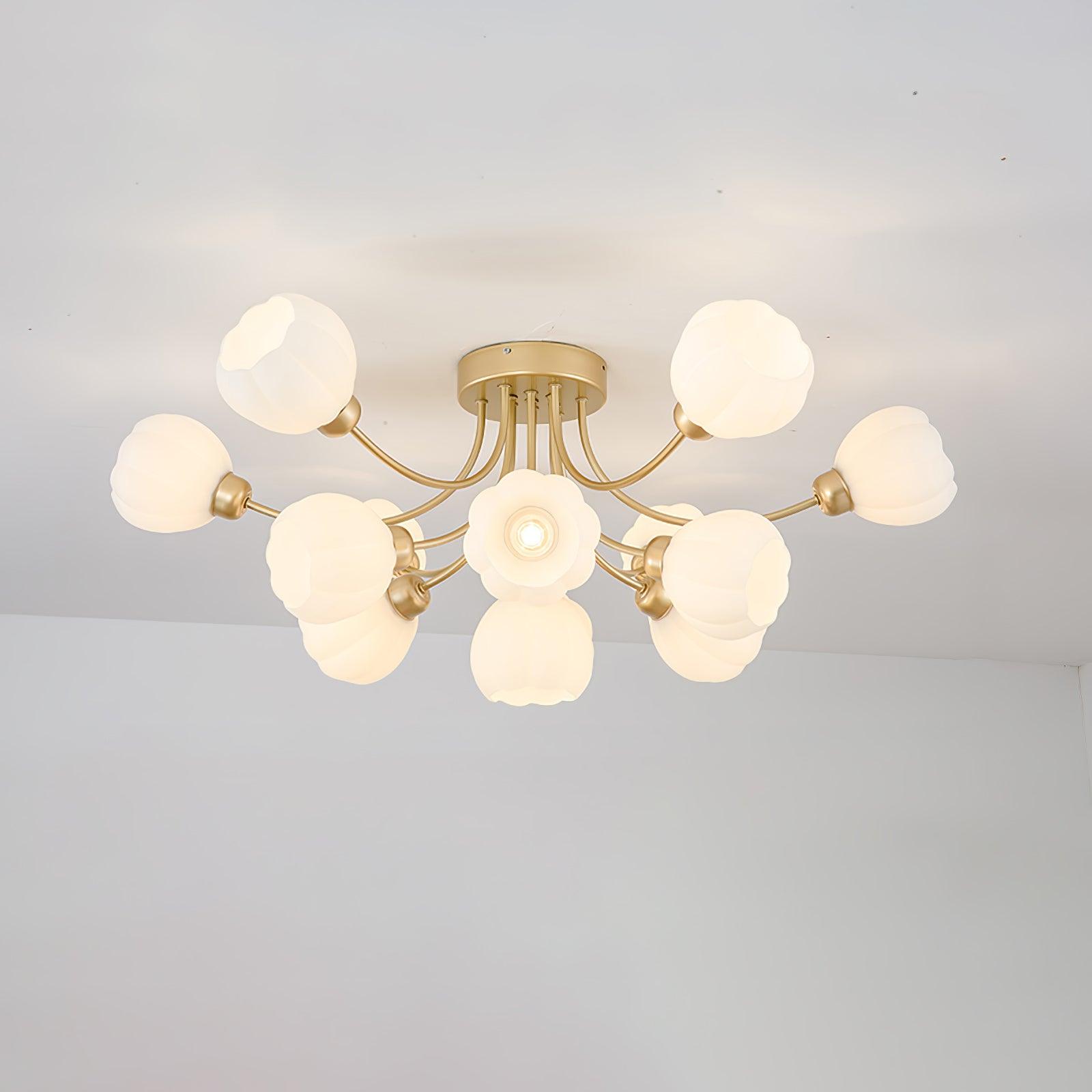 Underside of Pumpkin ceiling light showing brass-colour curved arms, white lobed shades and a visible bulb