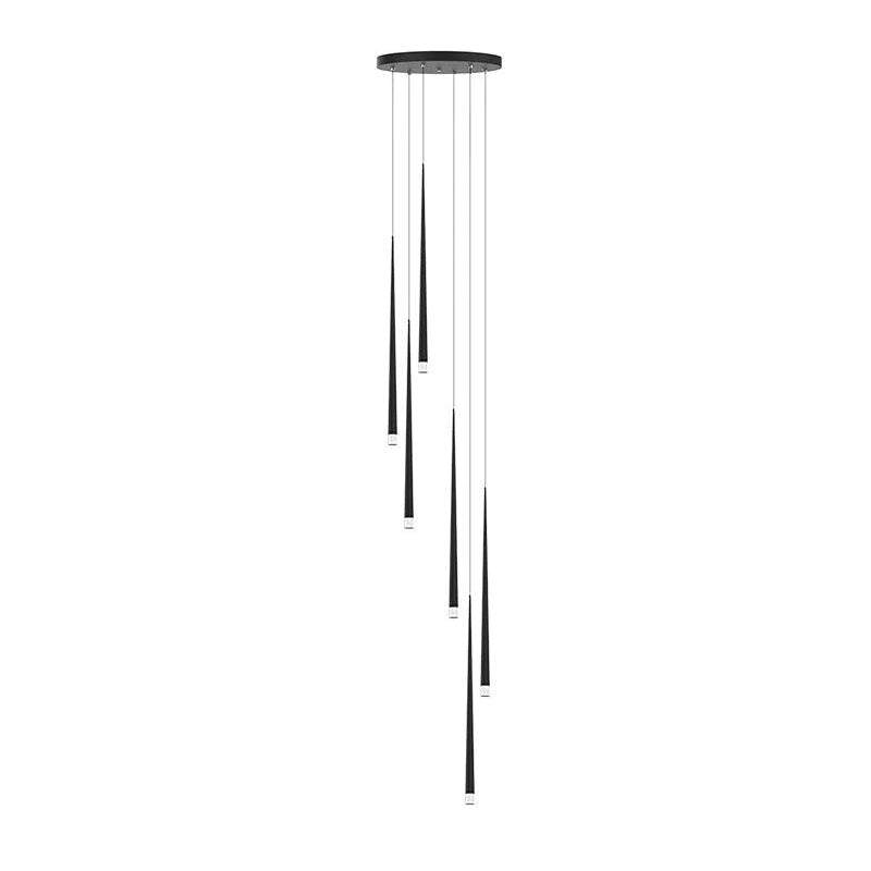 Six-light round-canopy Slender Cone cluster with staggered black 100 cm tubes