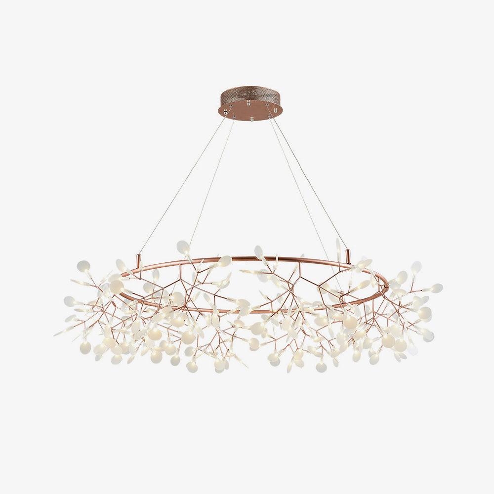 216-head Big O Firefly chandelier with a wide rose-copper ring, white leaves and a round ceiling canopy