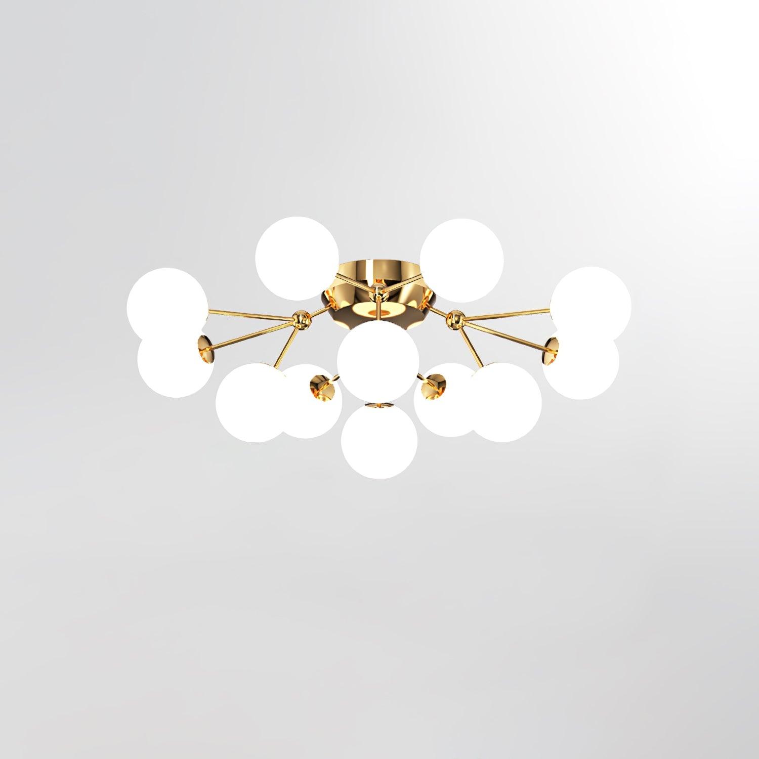 Gold branching ceiling light with white-lit round globes, reflective caps and circular canopy, shown on white