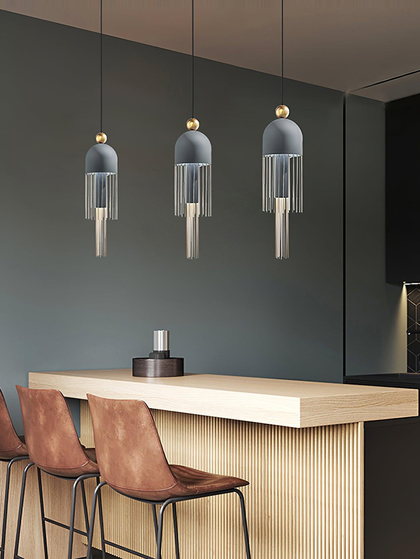 Style A grey-dome pendants above counter seating