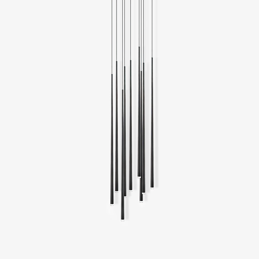 Nine slim black tubes in a staggered pendant cluster on white, with the cables cropped above