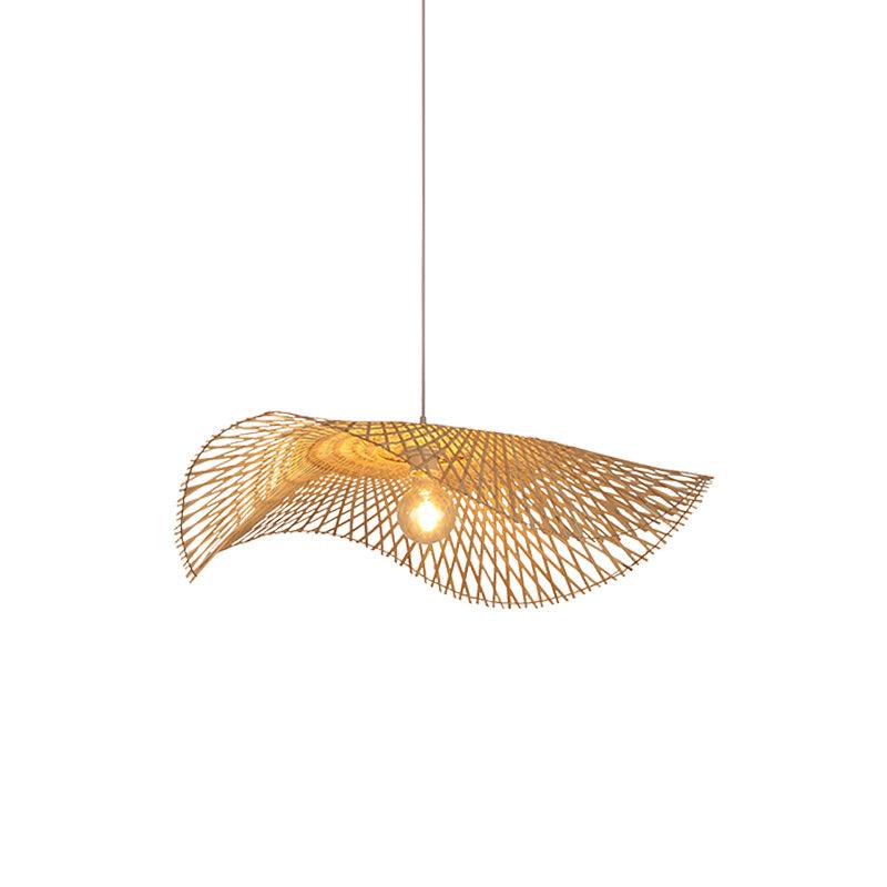 Open bamboo lattice curving around an exposed central bulb