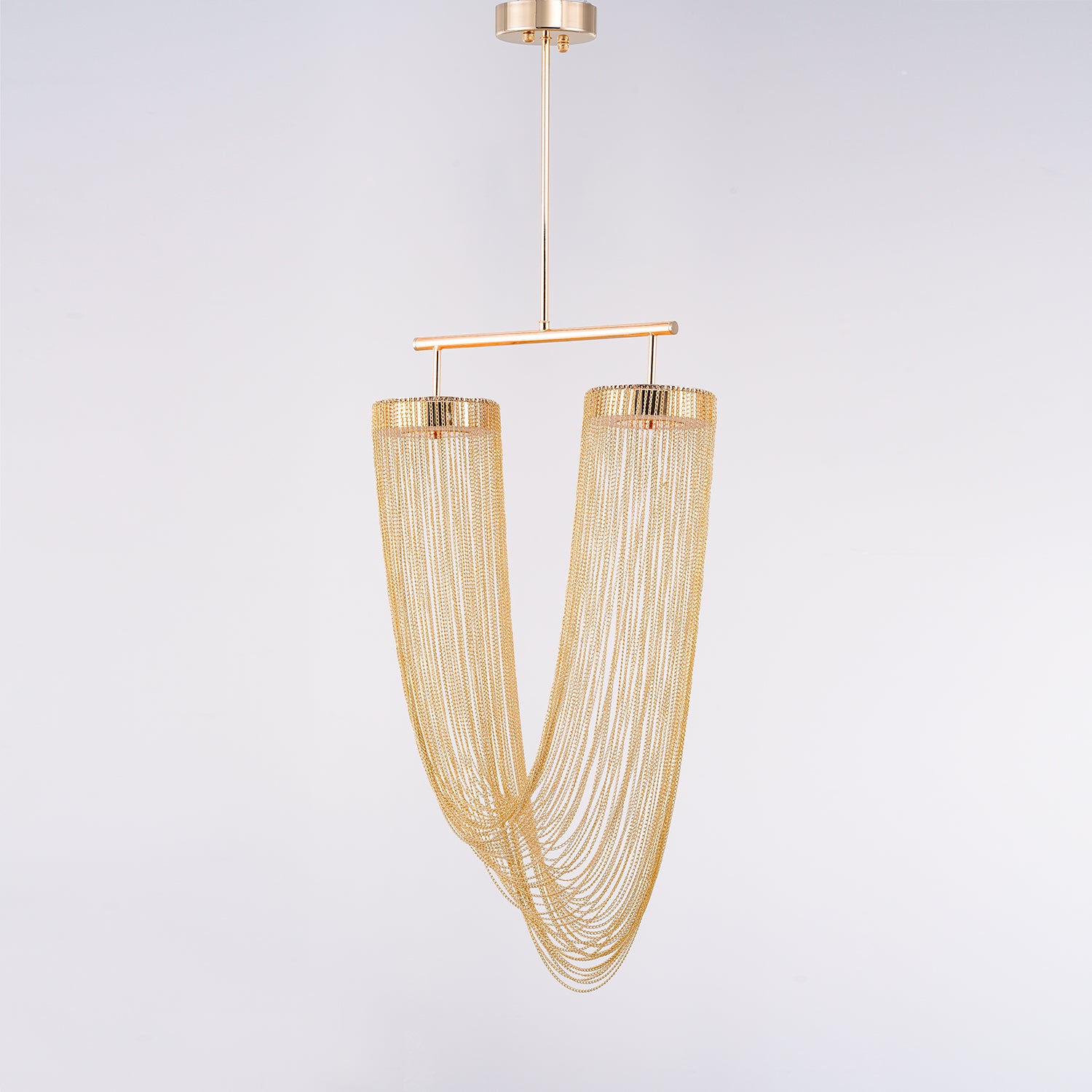 Gold-finish chain pendant shown unlit, with a U-shaped curtain, round canopy, central rod and horizontal bar.