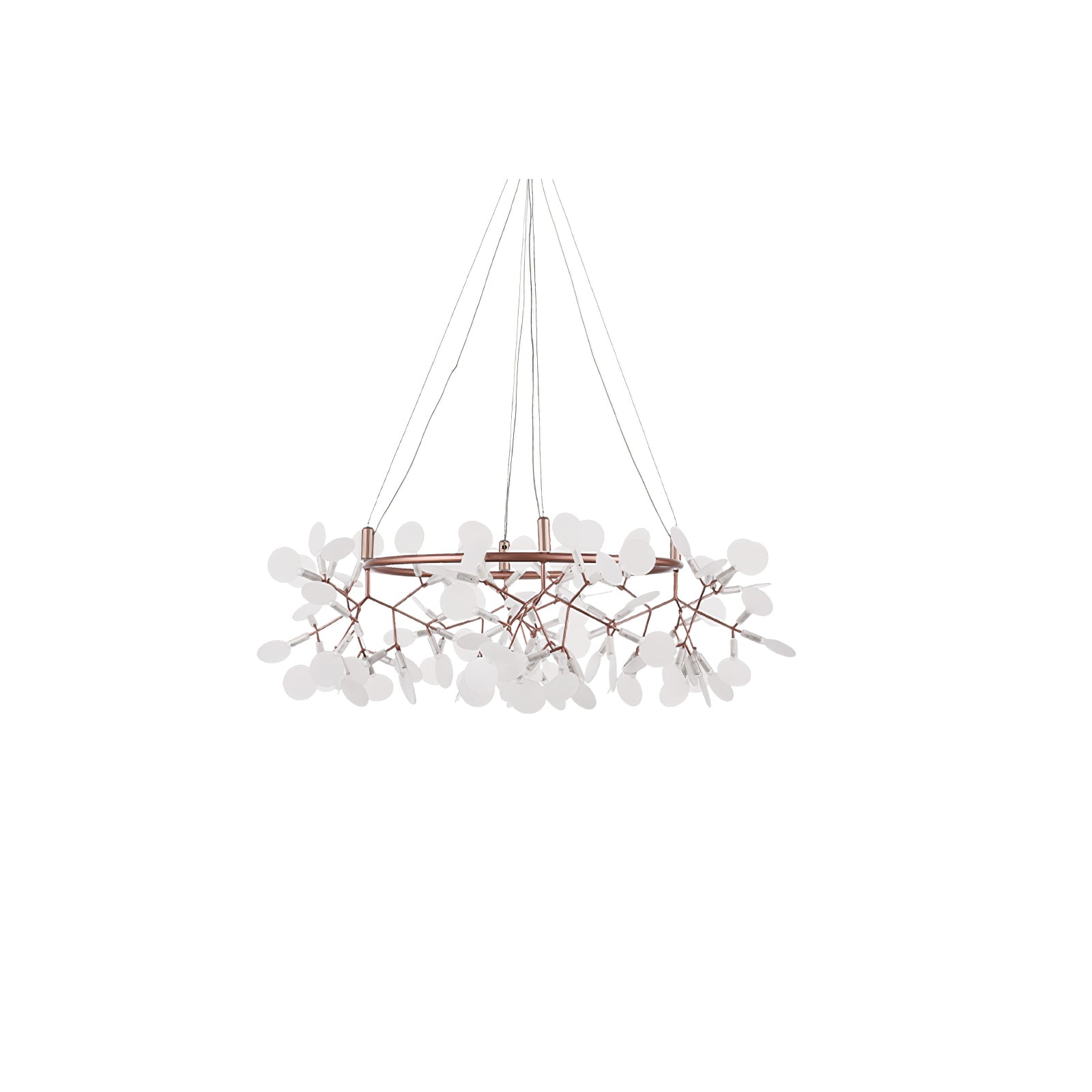 Smaller unlit rose-copper leaf ring chandelier with white oval tips and three hanging lines on white