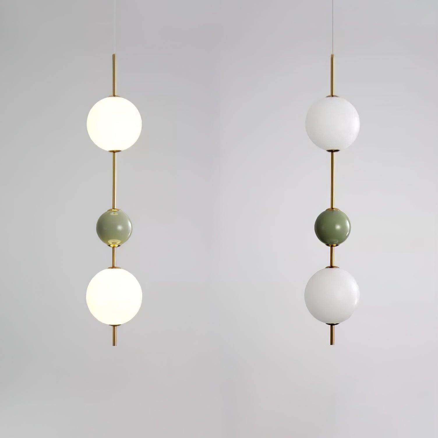 Green three-ball pendant shown lit and unlit side by side