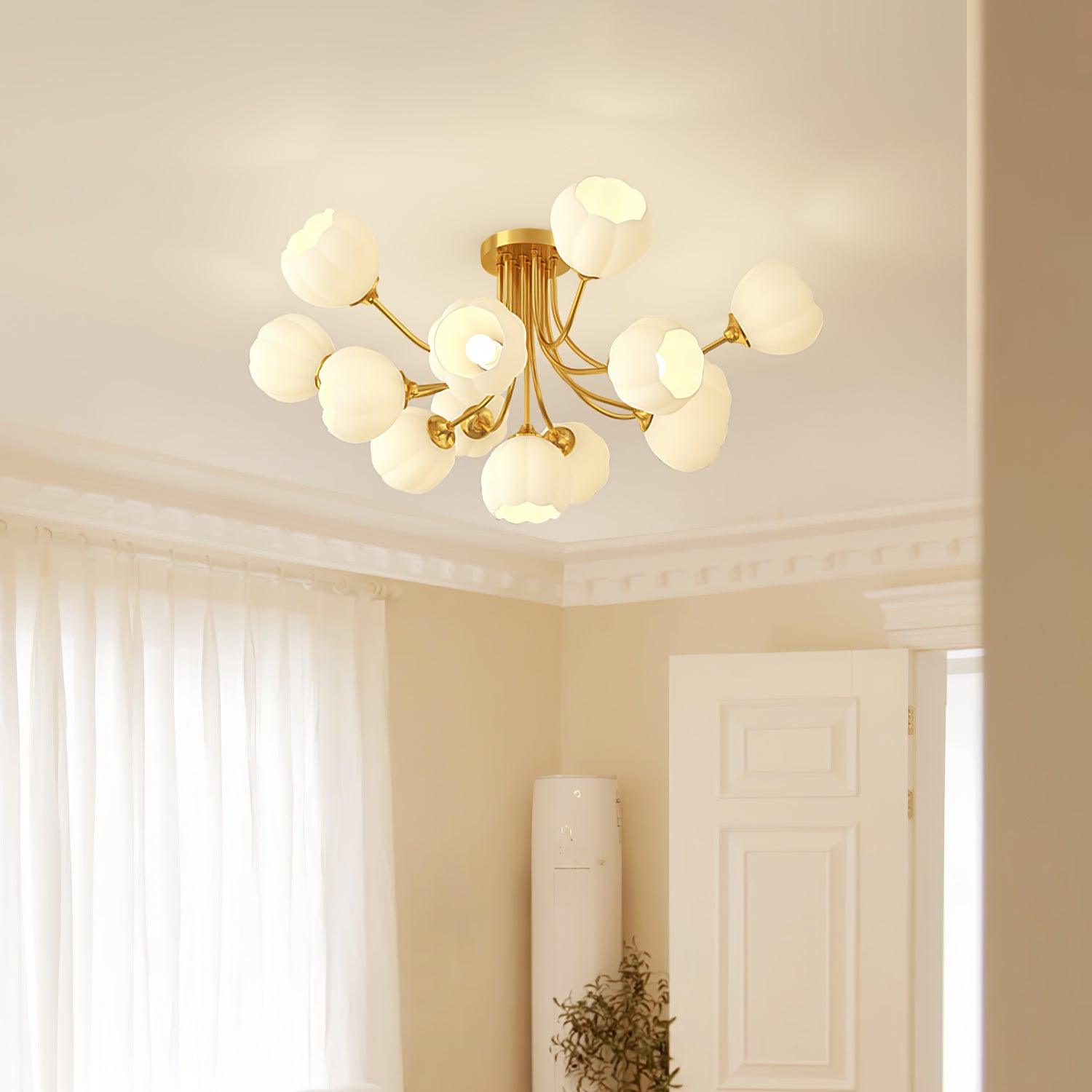 Brass-colour Pumpkin ceiling light with white glass shades by curtains and an air conditioner