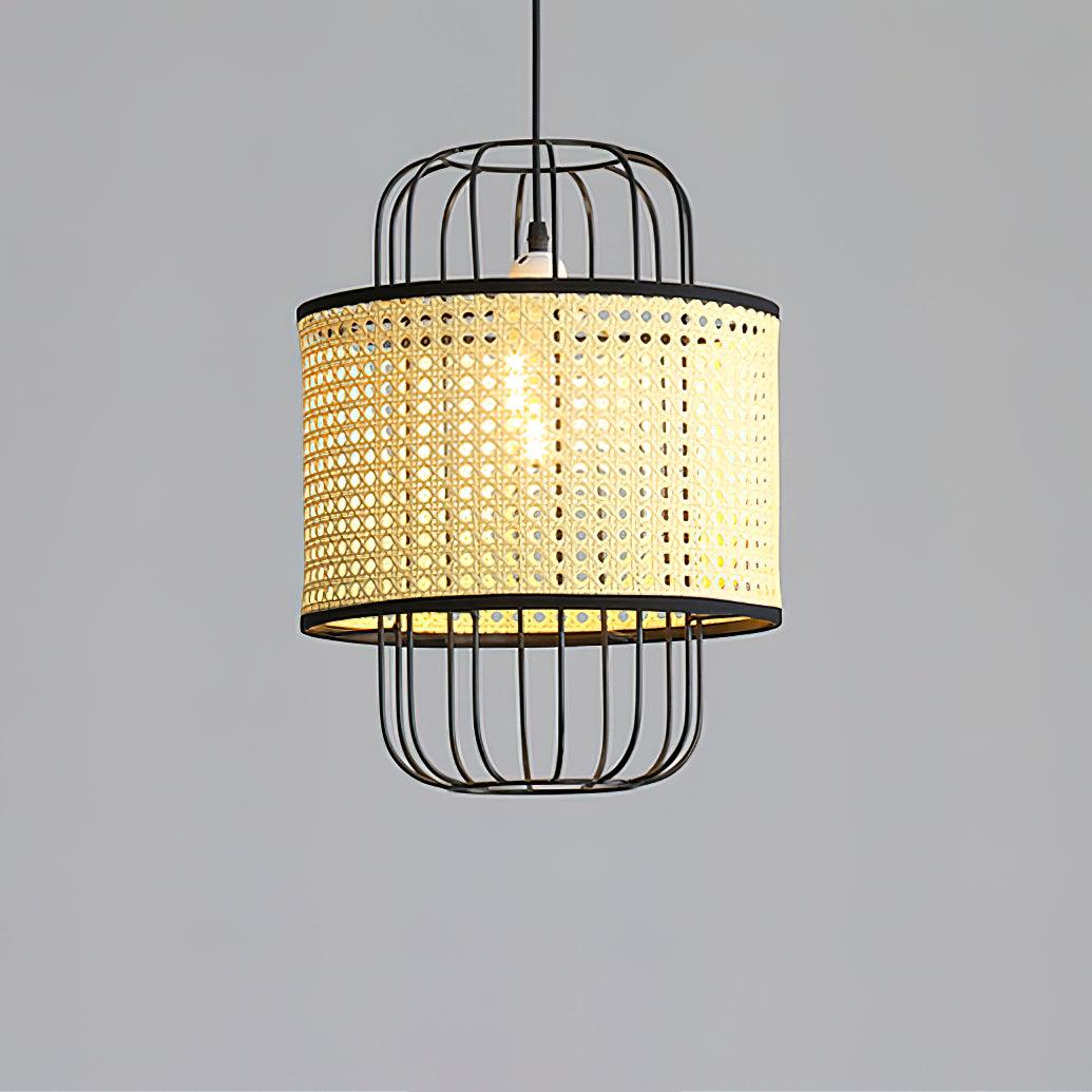 Lit natural woven-band pendant with black open ribs on plain grey