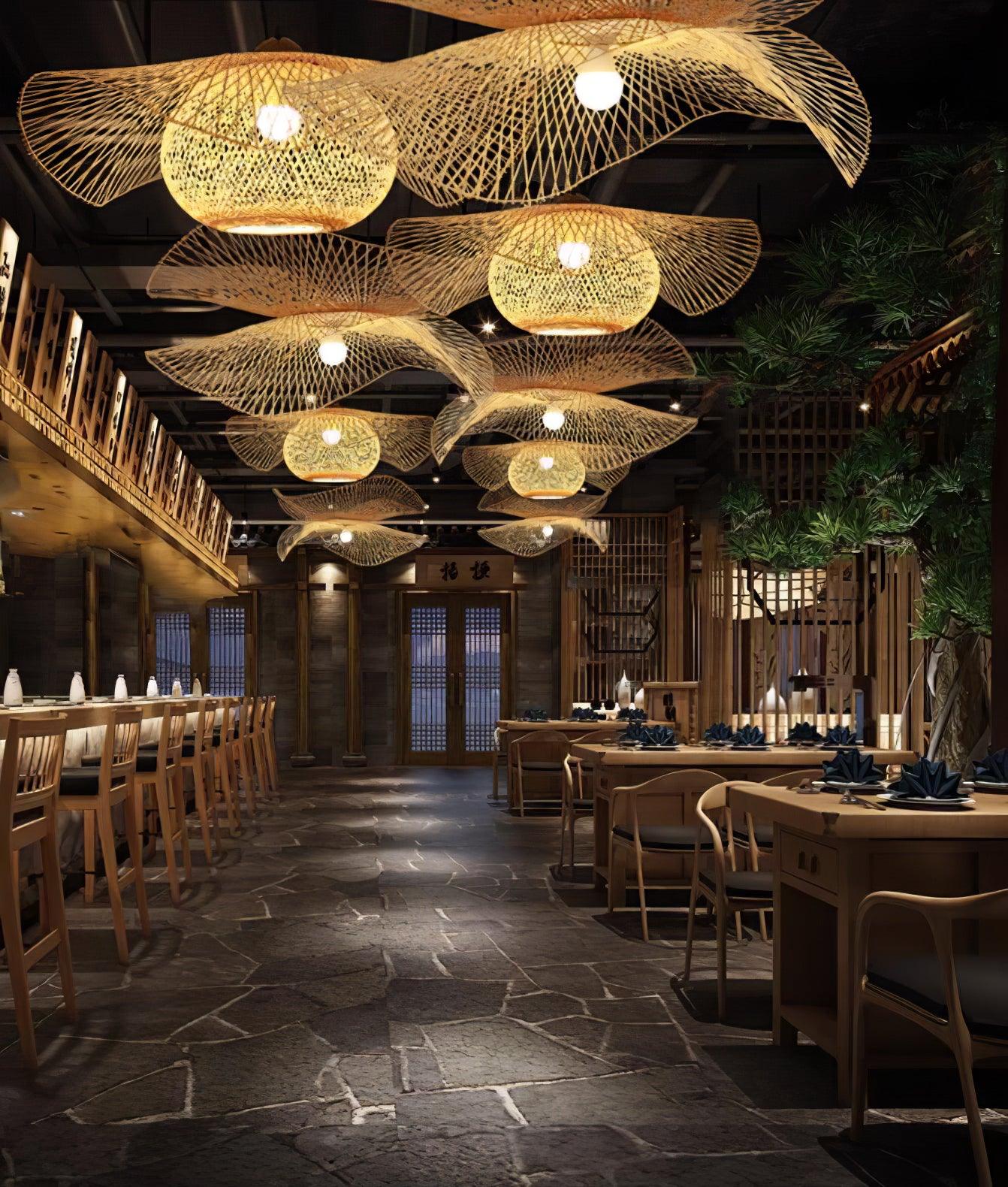 Layered rows of bamboo pendants in a dining interior