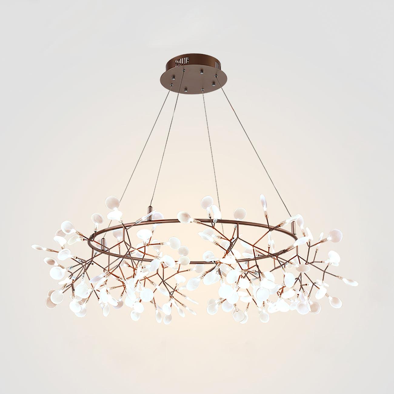 135-head Big O Firefly ring chandelier with dense white oval leaves and three suspension lines