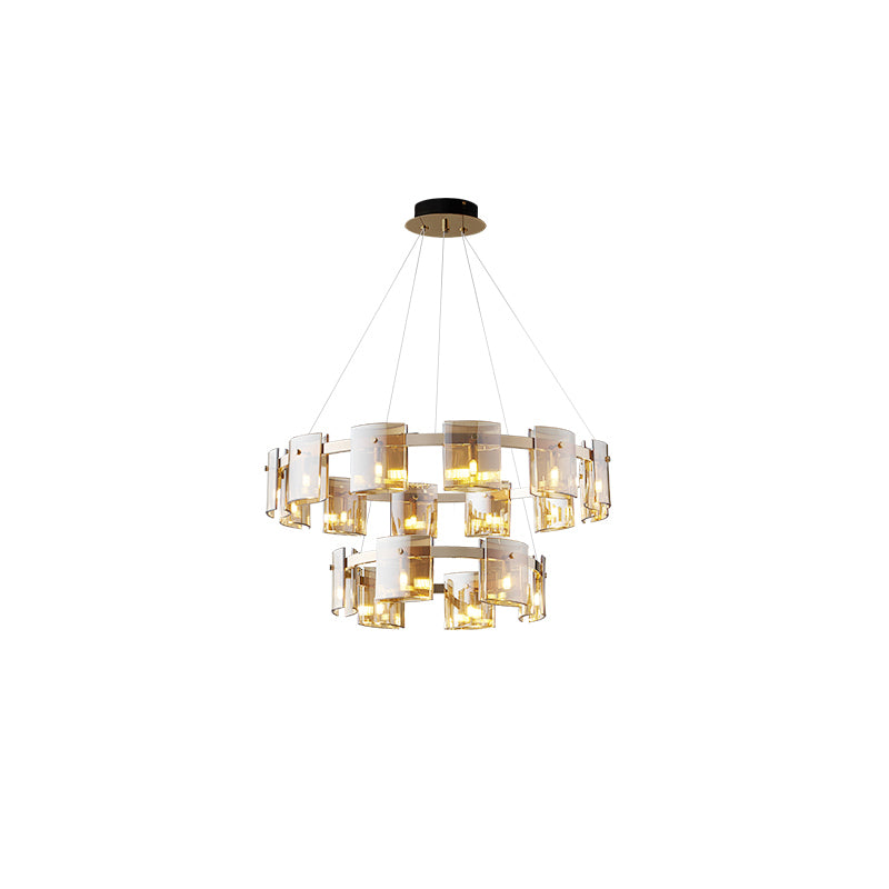 Gold-tone two-tier Corlota chandelier with 100 and 60 cm rings, warm-tinted glass and a dark-topped canopy