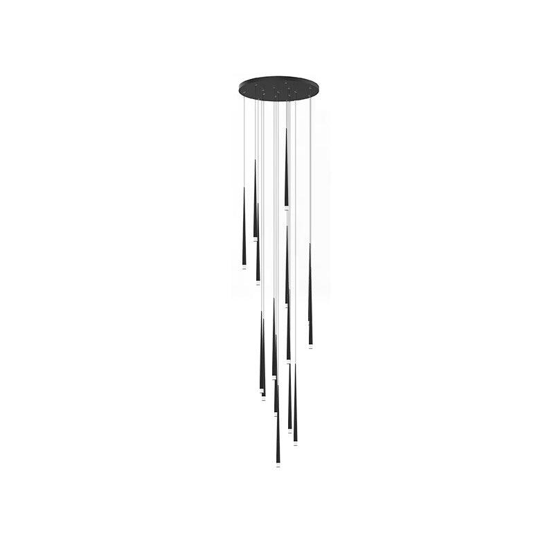 Black tapered tube cascade beneath a round canopy on white, photographed without a lamp-count label
