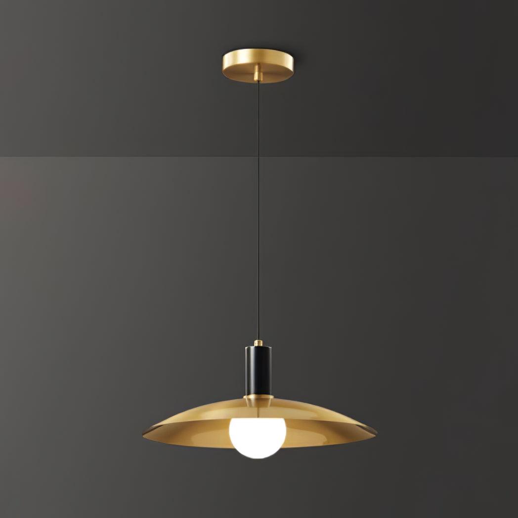 Brass-shade pendant showing canopy and suspension cord