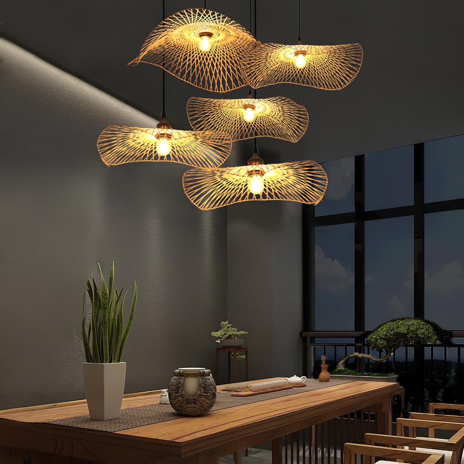 Mixed bamboo pendant styles in a tea-room setting