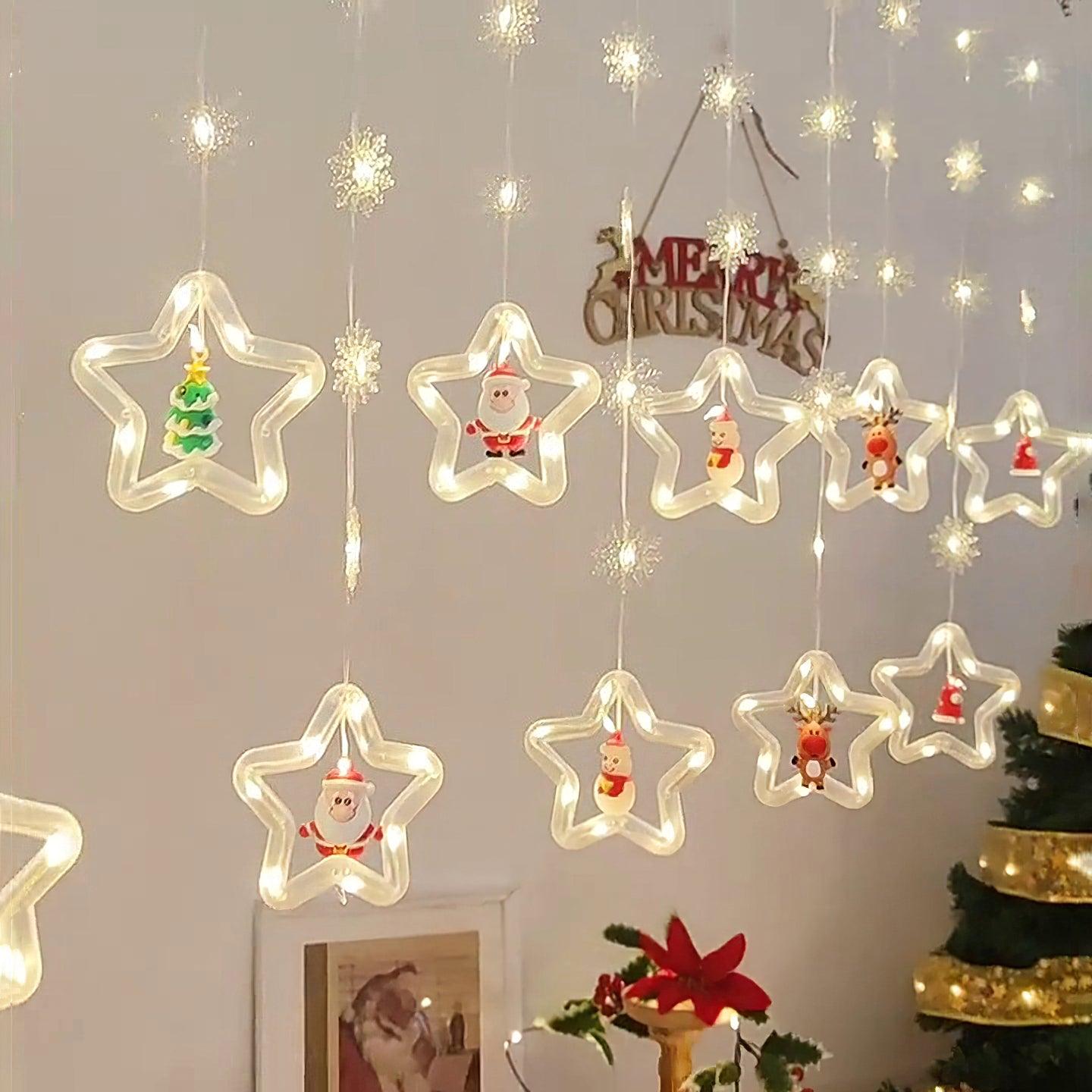 Star curtain lights in a decorated Christmas room