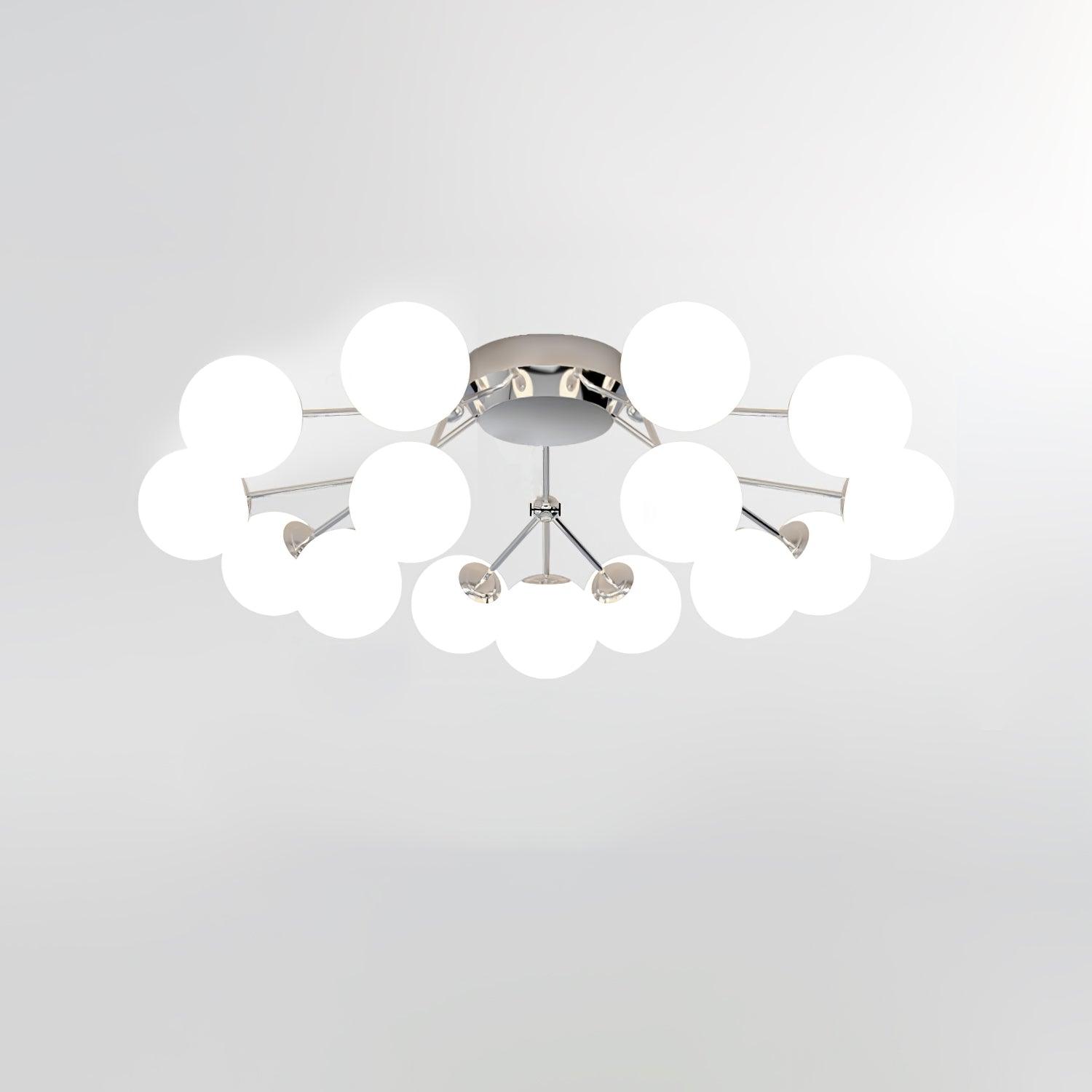 15-light Chrome & White ceiling selection with broad layered globe cluster, branching rods and round canopy on white