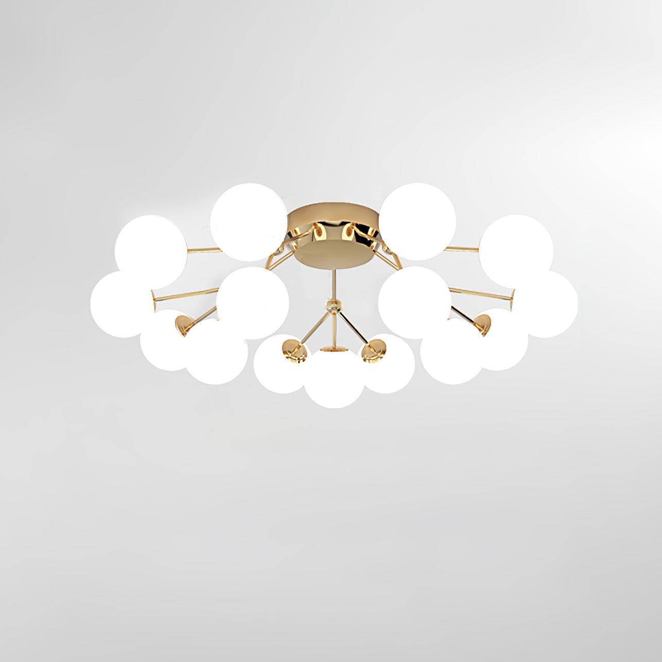 15-light Gold & White ceiling selection with broad layered globe cluster, branching rods and round canopy on white