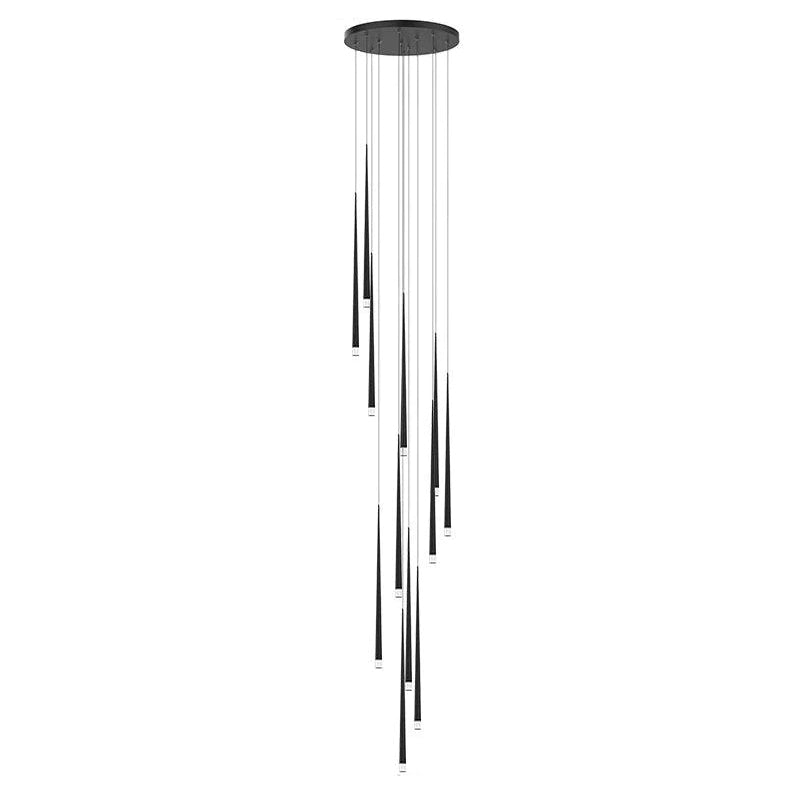 Twelve-light round-canopy pendant cascade with black 100 cm tapered tubes