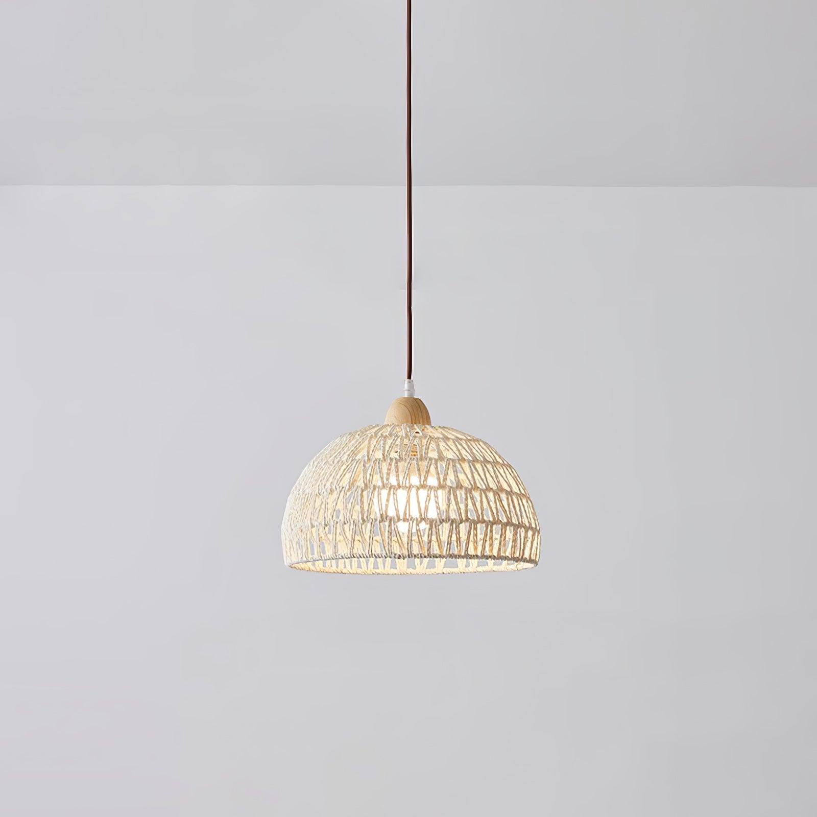 Isolated one-light woven dome pendant with a wood-tone cap and brown suspension line against pale gray