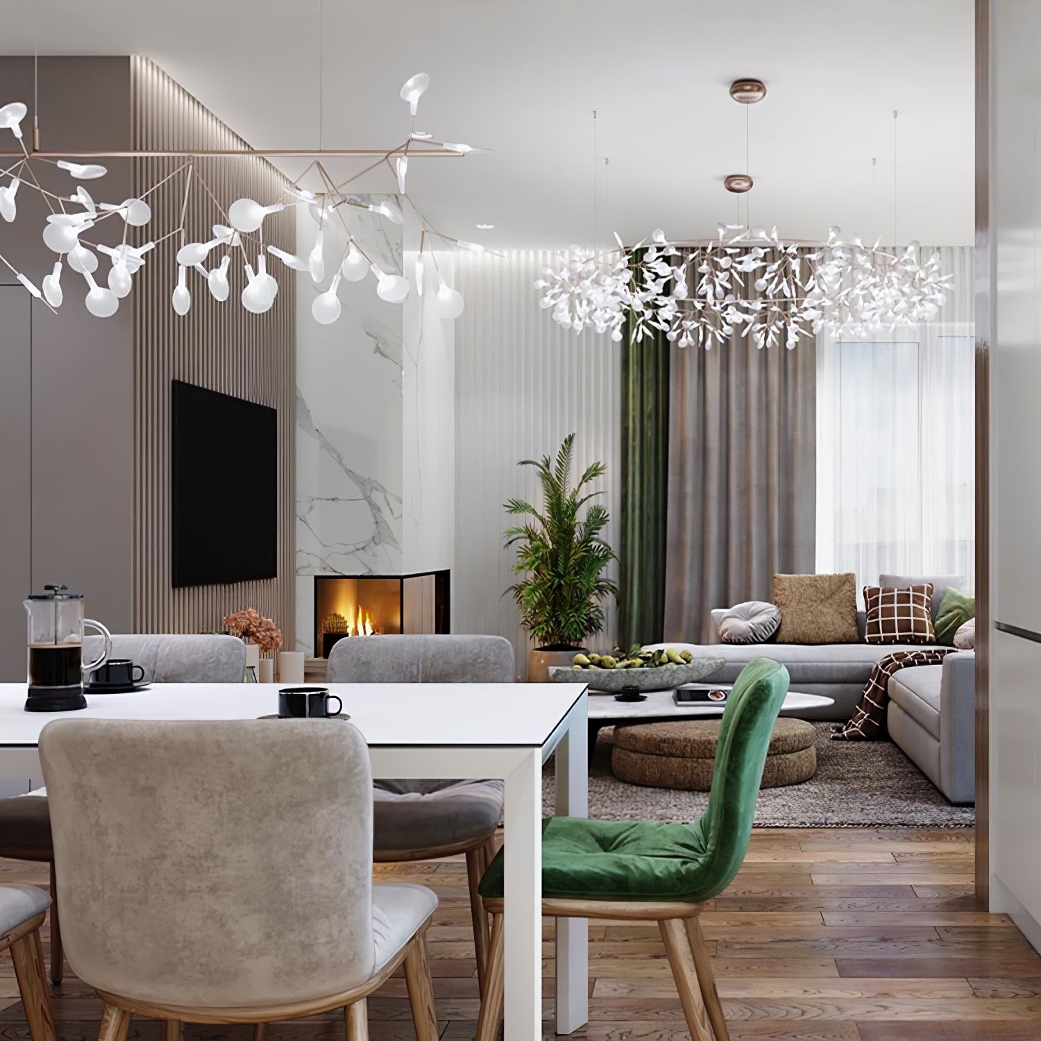 Several leaf ring chandeliers and a cropped linear branch lamp in an open dining and living room