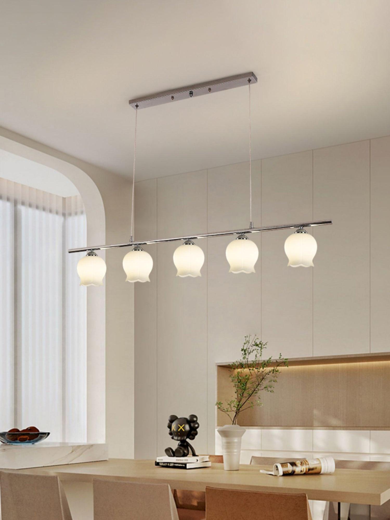 Floral Glass five-head pendant in a kitchen and dining setting