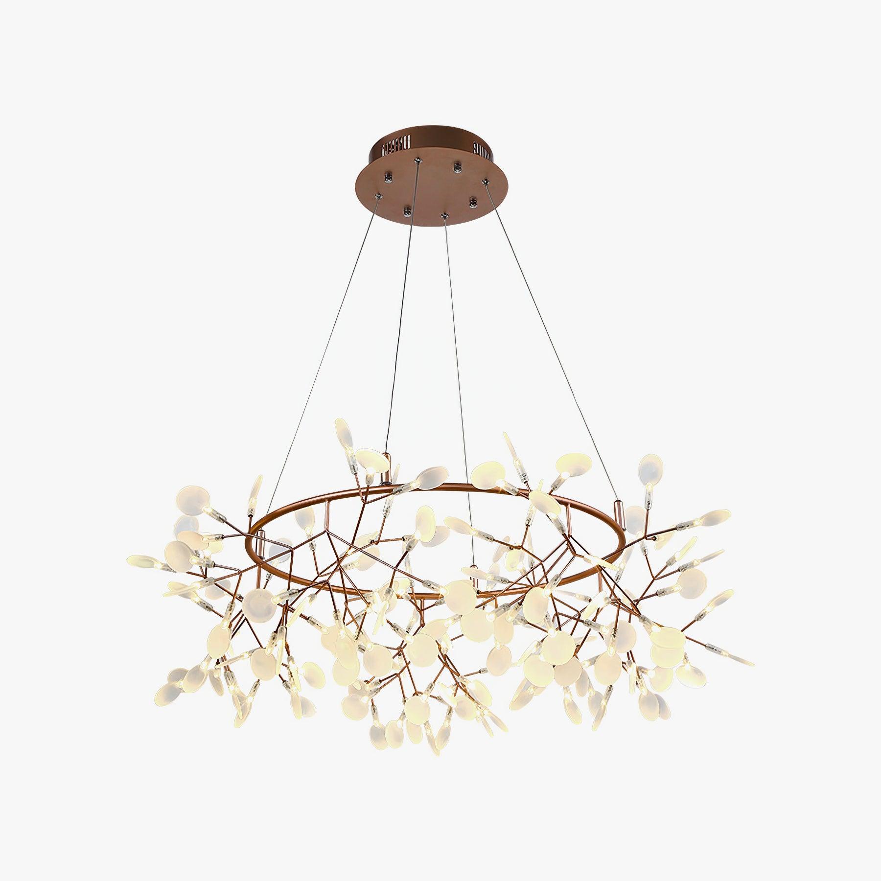 Isolated rose-copper leaf ring chandelier lit, with a full round canopy and branching white leaf tips