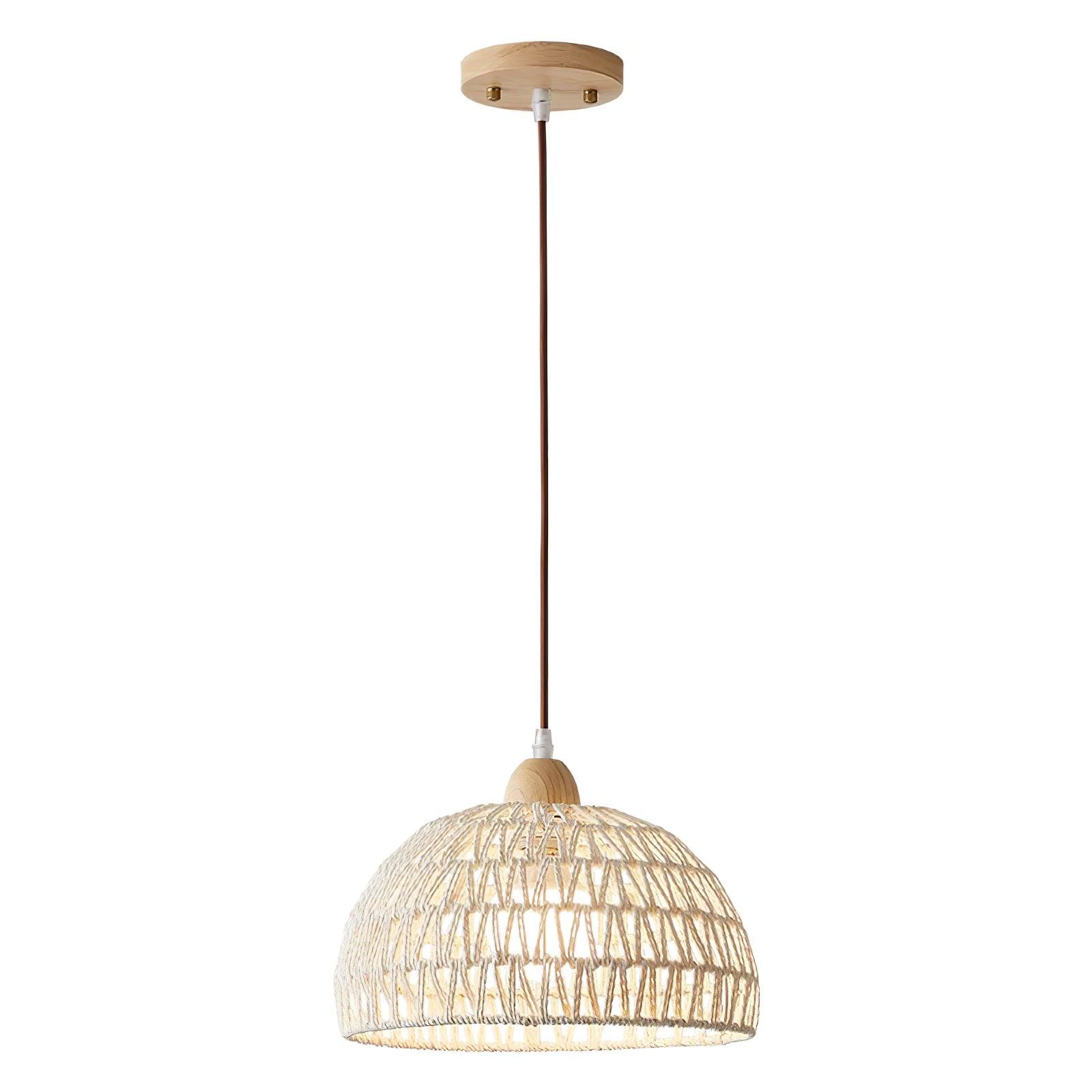 Full isolated single woven dome pendant with a round wood-tone ceiling plate and long brown suspension line