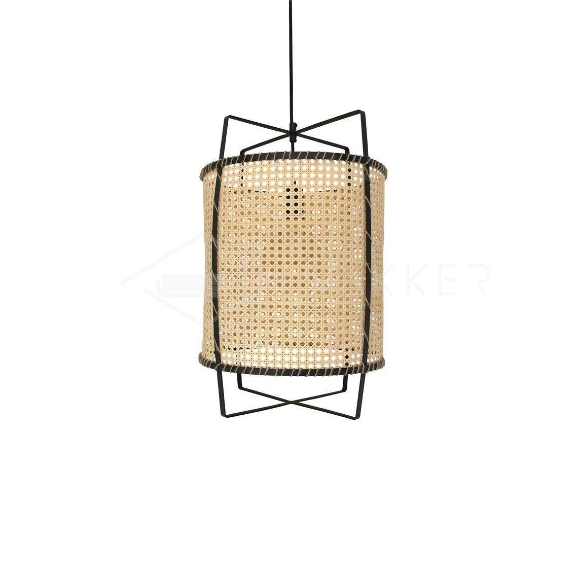 Isolated glowing Rattan Cane pendant with natural woven cylinder, dark cable and crossed frame