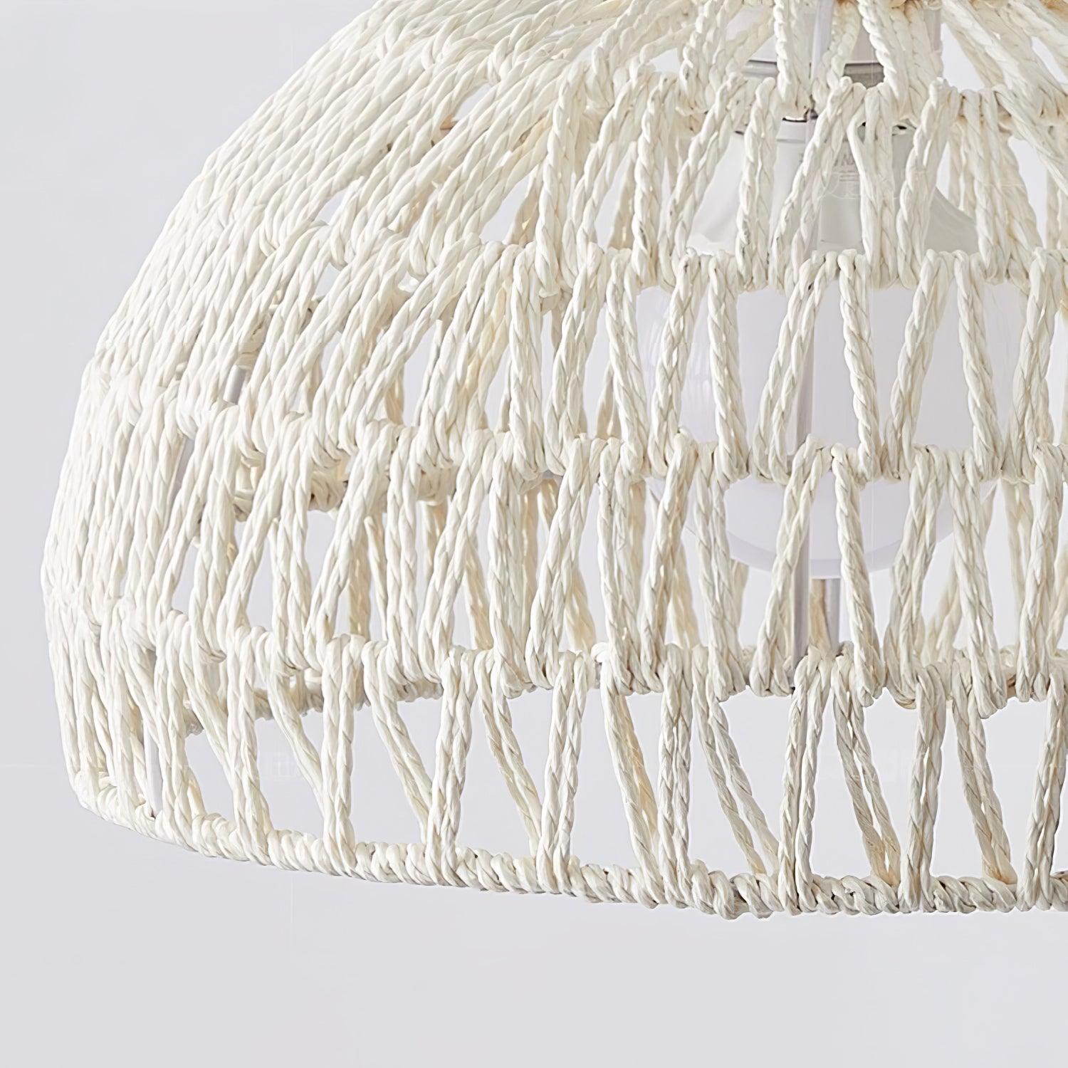 Close-up of pale twisted-looking woven strands wrapped around horizontal shade rings and the bulb-holder area